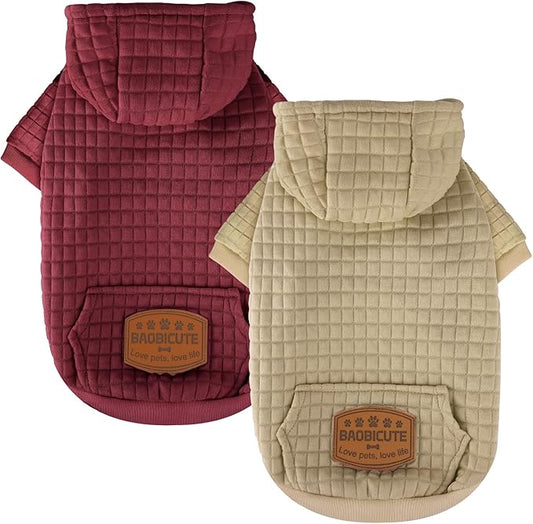 2 Pack Dog Hoodie Sweaters for Small Medium Dogs Warm Dog Clothes for Large Dogs Soft Waffle-Like Laminated Sweatshirt Bulldog (Brown+Wine Red, S/M (Back: 13",Chest: 18.5", Neck: 12"))