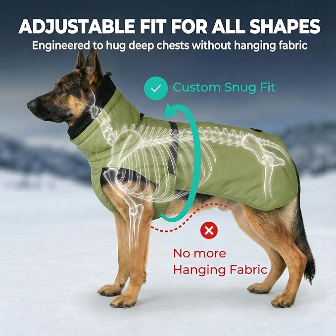 Dog Winter Coat, Warm Puffer Jacket with Fur-Safe Buckle & Leash Hole for Cold Weather, Water-Repellent Snow Vest, Breathable Thermal Apparel for Hiking & Active Dogs (Green, X-Large)