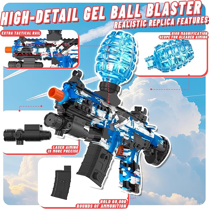 Electric Gel Ball Blaster, High Speed Automatic Splatter Ball Blaster with 60000+ and Goggles, JIFTOK Rechargeable Splatter Ball Toys for Outdoor Activities Shooting Game Party Favors-Blue