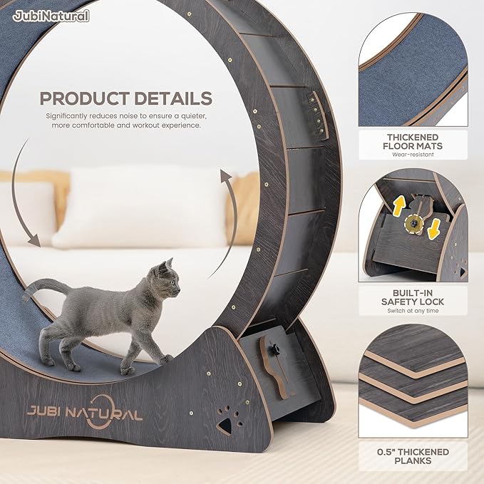 Cat Exercise Wheel for Indoor Cats, 43" Large Cat Running Wheel with Quiet Carpet Track, Safety Lock, Anti-Pinch Design, Cat Treadmill for Energy Release, Weight Control & Healthy Activity- Black