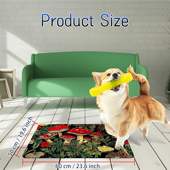 Dog Food Mat, 19.6" x 23.6" Absorbent Pet Feeding Mat for Food and Water, Waterproof Diatom Mud Pet Placemat with Non-Slip Rubber Backing, Easy Clean Cat Bowl Mat for Floors - Red Art Mushroom