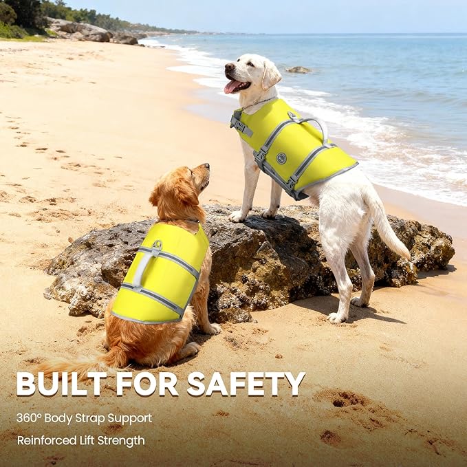 VIVAGLORY Rip Stop Dog Life Vest, Swimming Vest with Handle, Buoyancy for Doggy Puppy, Dog Life Jacket for Swimming & Boating, S, Yellow Grey