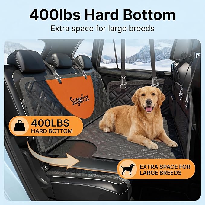 SugarFox Dog Car Seat Cover for Back Seat - Upgraded PU Leather Dog Hammock, 400lbs Hard Bottom Backseat Pet Cover, Waterproof Anti-Scratch + Pet Safety Belt (BLACK-60“x20”)