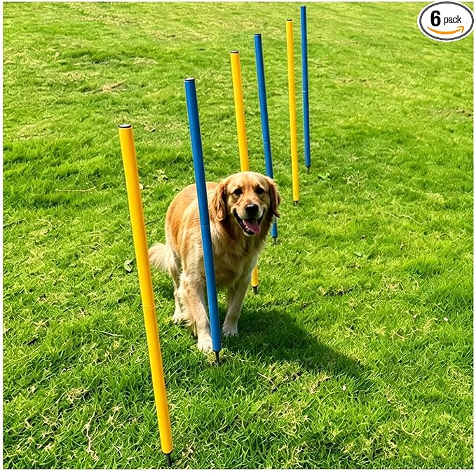 Dog Agility Weave Poles Set, 6-Piece Durable Slalom Weave Poles with Ground Stakes, Portable Obstacle Course Equipment for Puppies & Adult Dogs, Backyard Agility Training