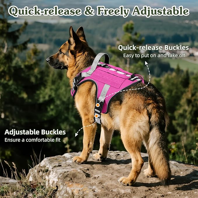 VavoPaw Heavy Duty Tactical Dog Harness for Large Dogs, No Pull Adjustable Pet Harness Reflective Service Training Easy Control Pet Vest Military K9 Working Dog Harnesses, Pink, S