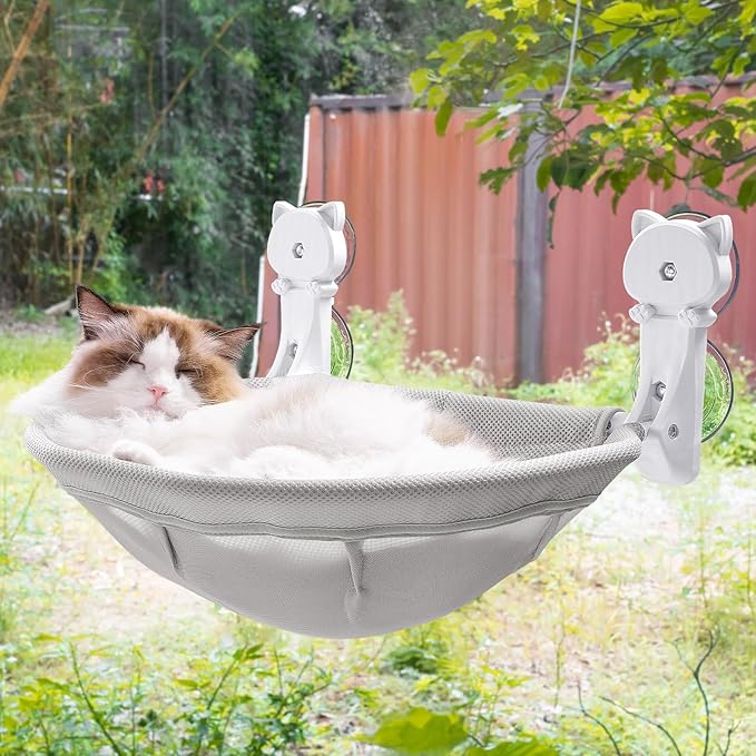 JUNSPOW Cat Window Perch Cordless, Foldable & Stable Cat Beds- Breathable Cat Window Hammock for Overlooking, Sunbathing and Climbing - Maximum Hold Up to 40lb