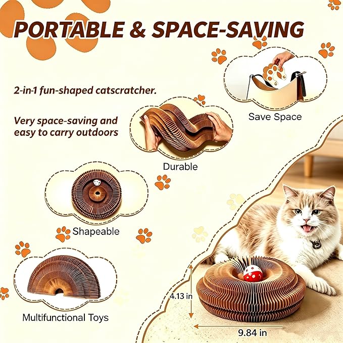 Kitty Curls Cat Toy, Magnetic Magic Organ Cat Scratch Board, Foldable Cat Accordion Toy, Interactive Track Scratcher Pad with Toy Catnip Bell, Durable Eco-Friendly Ring for Play, Chase & Scratch