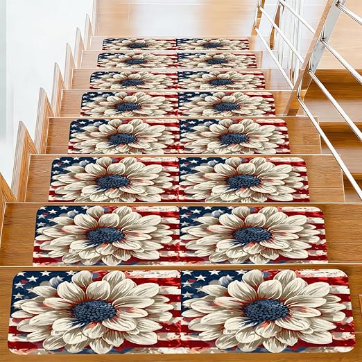 American Flag Flower Stair Treads for Wooden Steps Indoor Washable Staircase Carpet 10PCS 30"x7.8" Stair Step Treads Non-Slip Staircase Covers Peel and Stick Safety Mat for Kids Elders Pets