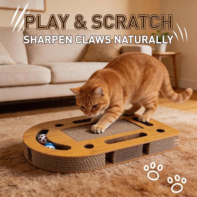 OHMU Interactive Cat Puzzle Box, Cat Nail File Toy, Wooden Enrichment Scratch Board for Indoor Cats with Bell Balls & Wand, No Assembly
