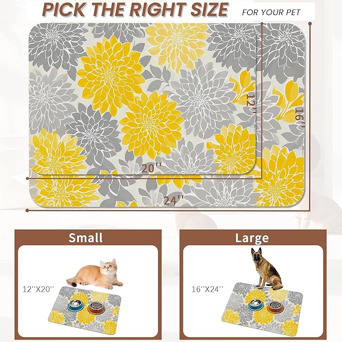 Dahlia Dog Cat Food Mat,Gray Yellow Flower Absorbent Pet Feeding Mat with Rubber Backing,Non-Slip Water Bowl Placemat,Indoor Pet Accessories Supplies 12"x20"