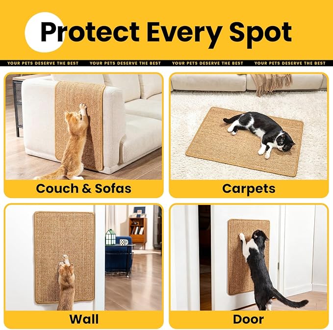 Cat Scratcher Mat,Sisal Cat Scratch Pad with Hook&Loop Tape,Wall Floor Kitten Scratching Pads Rug for Indoor,Furniture Protector for Couch&Carpets&Sofas,Kitty Bithday Gifts,Large,Brown,2 Pack