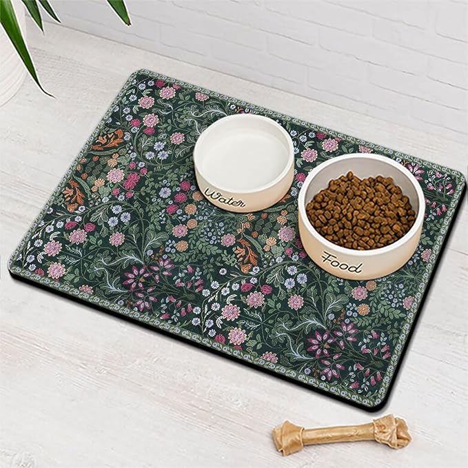 Floral Dog Food & Water Mat, Boho Vintage Pet Feeding Mat for Floor Non-Slip Waterproof, Super Absorbent Cat Bowl Mat, Easy to Clean Durable Pet Placemat,16" × 24"