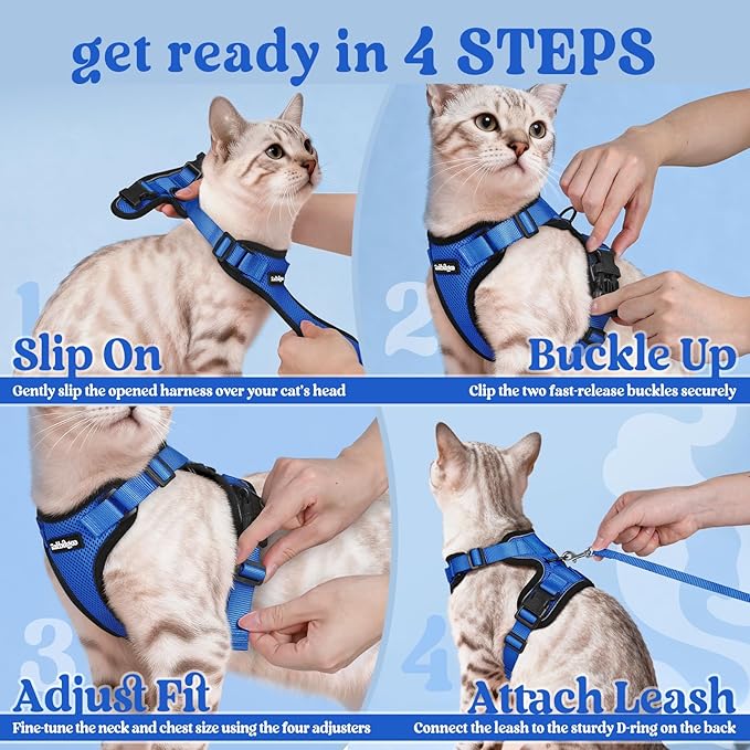 rabbitgoo Cat Harness and Leash Set, Escape Proof Vest Harness for Safe Outdoor Walks, Soft Breathable Adjustable Vest with Reflective Strips for Small and Average Cats, Navy Blue, S