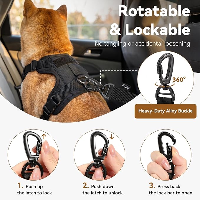 Dog Seat Belt for Car, Universal Dog Car Seatbelt with Buckle and Hook Latch, 360° Rotatable Lockable Clasp, Reflective Safety Pet Harness for Vehicle, Pet Safety Restraint, Black