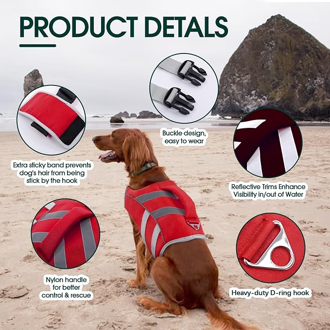 Kuoser Dog Life Jacket with Reflective Stripes, Dog Life Vest for Swimming Boating, Adjustable Pet Lifejackets with High Flotation, Doggie Swimsuit for Small Medium Large Dogs