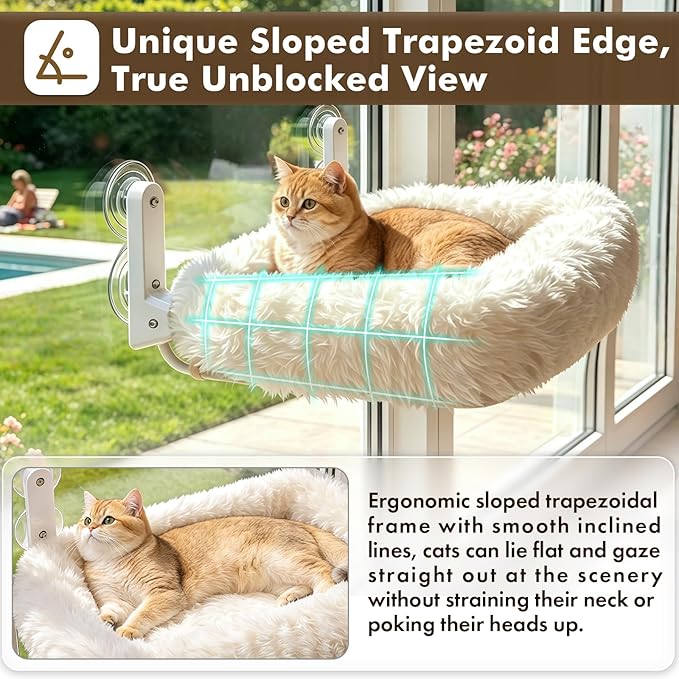 Zoratoo Cloud-Snuggle Cat Window Perch with 4-Sided Ultra-Thick & Fluffy Plush Cushion Bed, Foldable Cordless Cat Window Hammock for Window with Sturdy Metal Frame for Large Cats and Kittens (L,White)