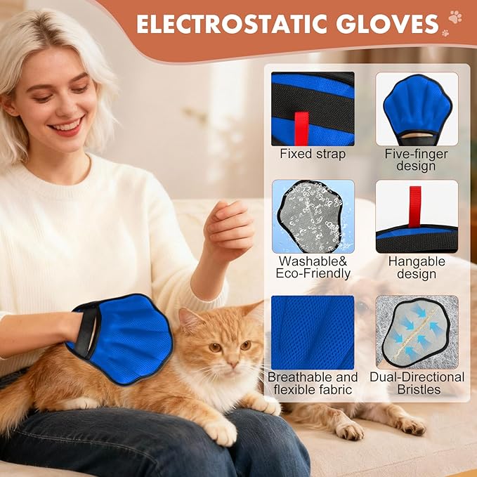 Pet Hair Removal Glove, Electrostatic Pet Hair Remover Glove for Cats & Dogs, Hair Remover Tools for Couch, Carpet, Clothing, Car Seat - Upgraded Five-Finger, Reusable，MediumBlue+LightGray