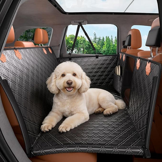 JOYTUTUS Back Seat Extender for Dogs, PU Leather Dog Car Seat Cover for Back Seat with Hard Bottom, Dog Hammock with Mesh Window, Dog Car Seat Cover for Sedans SUVs Small Trucks, Holds 440 lbs