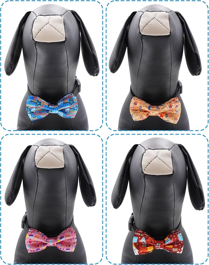 PET SHOW 10 Pack Happy Birthday Big Dog Bow Ties Sliding Collar Attachment Pet Bowties for Medium Large Dogs Party Balloon Cake Bowknots Collar Charms Grooming Accessories