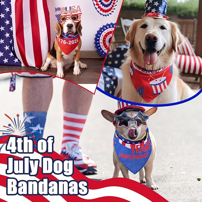 Huhumy 50 Pcs 4th of July Dog Bandanas 250th Anniversary Pet Bandanas Bulk Independence Day Triangle Pet Bibs Scarf for Medium Large Dog 4th of July 250th Festival Costume