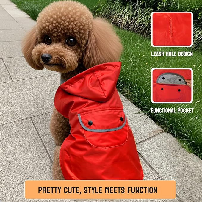 Dog Raincoat Dogs Rain Jacket Reflective Poncho Rainwear Waterproof Pet Clothes Breathable Lined Pocket Hooded Leash Hole Adjustable Medium Dogs,Red,XXXL,Back Length 20.0 Inch