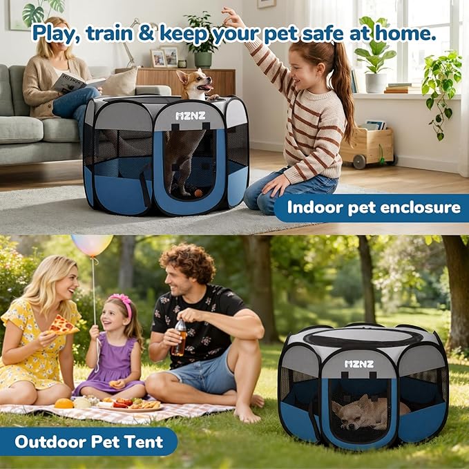 Dog Cat Playpen, Portable Small Animal Playpen Crate Indoor for Dogs Cats Rabbits, Foldable Guinea Pigs Bunny Cage Enclosure Outdoor, Pop Up Dogs Cats Tent Kennel with Carrying Case, Grey Blue