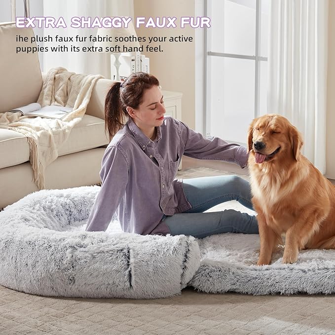 Foldable Human Dog Bed for Adults, Human Sized Dog Bed with Orthopedic Foam, Fluffy Faux Fur Pet Couch with Waterproof Liner, Non-Slip Bottom, Washable Cover, Cozy Floor Lounger - Grey