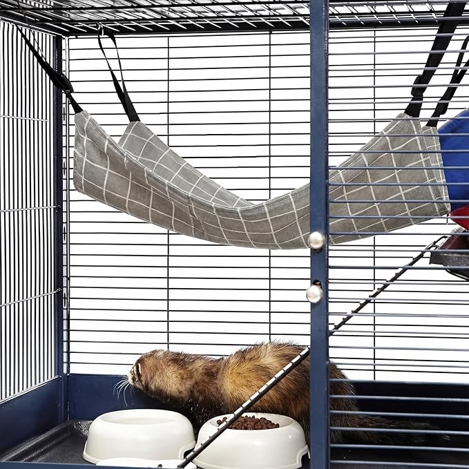 Jetec 2 Pack Cat Hammock for Cage, Catio Accessories Reversible Soft Cats Bed with Adjustable Straps and Hooks Double-Sided Linen and Fleece Hanging Hammock for Cats, Kitten(Cat and Plaid,M)