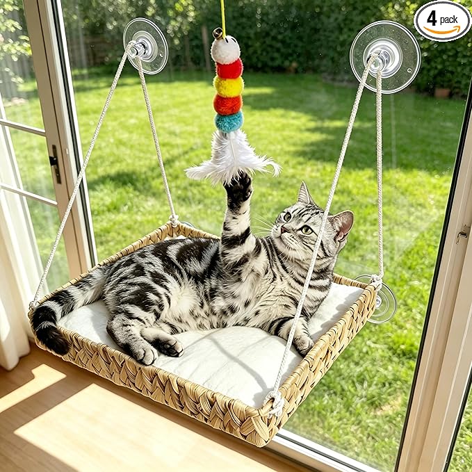 Cat Window Perch with Industrial-Grade Suction Cups and Ball Toy, Cat Window Hammock - 45 lbs Capacity, Handwoven Straw Sturdy Hanging Bed Seat Soft Cushion for Large Heavy Cats