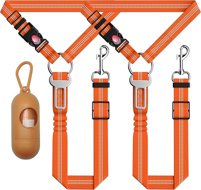 Seyezo 3-Piece Dog Car Harness Set - Retractable, Adjustable, Reflective Dog Seatbelt for Vehicle Headrests, Heavy Duty & High Elastic, Orange