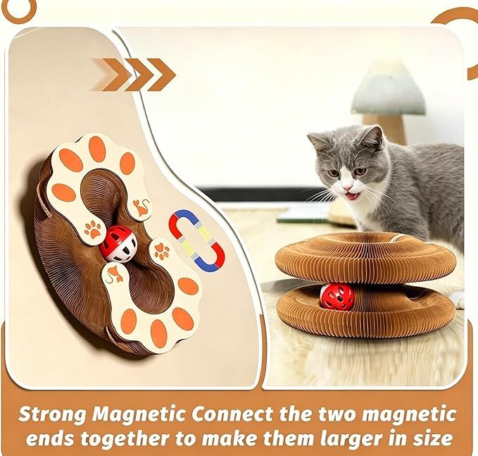 Kitty Curls Cat Toy, Magnetic Magic Organ Cat Scratch Board, Foldable Cat Accordion Toy, Interactive Track Scratcher Pad with Toy Catnip Bell, Durable Eco-Friendly Ring for Play, Chase & Scratch