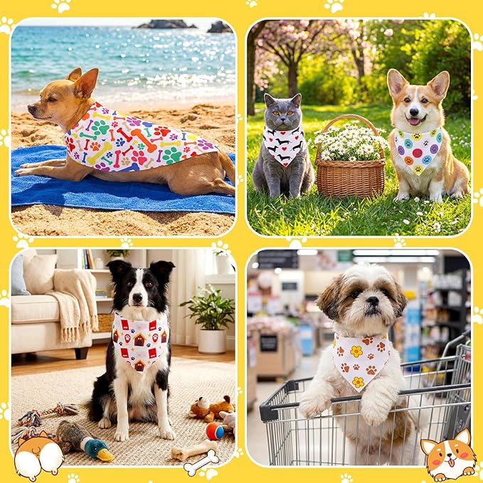 Sanwuta 120 Pcs Paw Bandanas for Dogs Bulk Dog Bone and Paw Pattern Triangle Bandanas for Groomers Washable Pet Scarves Adjustable Bibs for Small and Medium Pets, 30 Styles