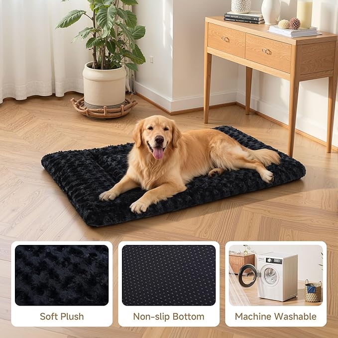 Washable Dog Bed Reversible Dog Beds for Crate Soft Fluffy Kennel Pad Anti-Slip Pet Sleeping Mat for Large Jumbo Medium Small Dogs (Black, 30.00" x 19.00" x 1.50")