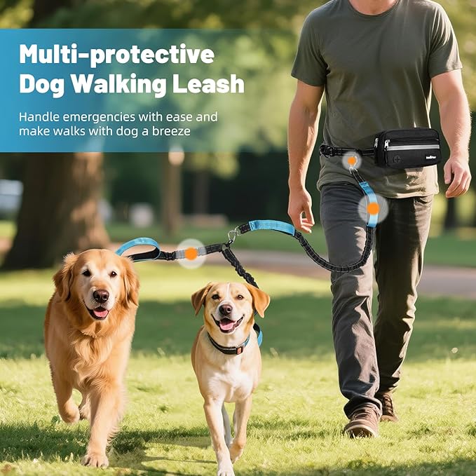 VavoPaw Hands Free Dog Leash for 2 Dogs with Pouch, Waist Leash for Dog Walking, Jogging, Hiking, Retractable Leashes with Dual Padded Handles, Adjustable Reflective Belt for Small, Medium, Large Dogs