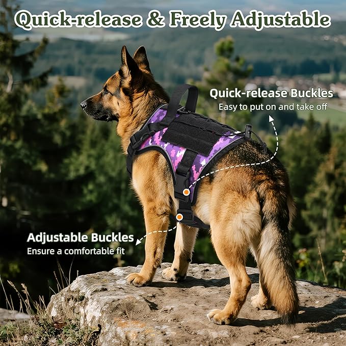 VavoPaw Heavy Duty Tactical Dog Harness for Large Dogs, No Pull Adjustable Pet Harness Reflective Service Training Easy Control Pet Vest Military K9 Working Dog Harnesses, Purple Camouflage, L