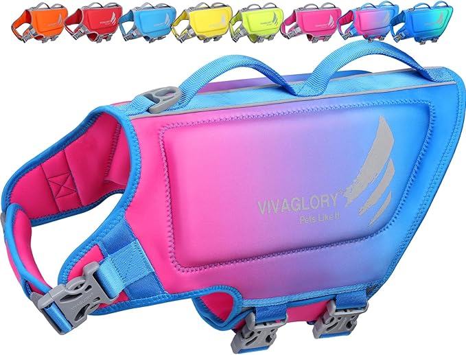 VIVAGLORY High Buoyancy Dog Life Vest, Swimming Vest with Handle, Dog Life Jacket for Swimming & Boating, Buoyancy for Puppy Doggy, L, Pink Blue