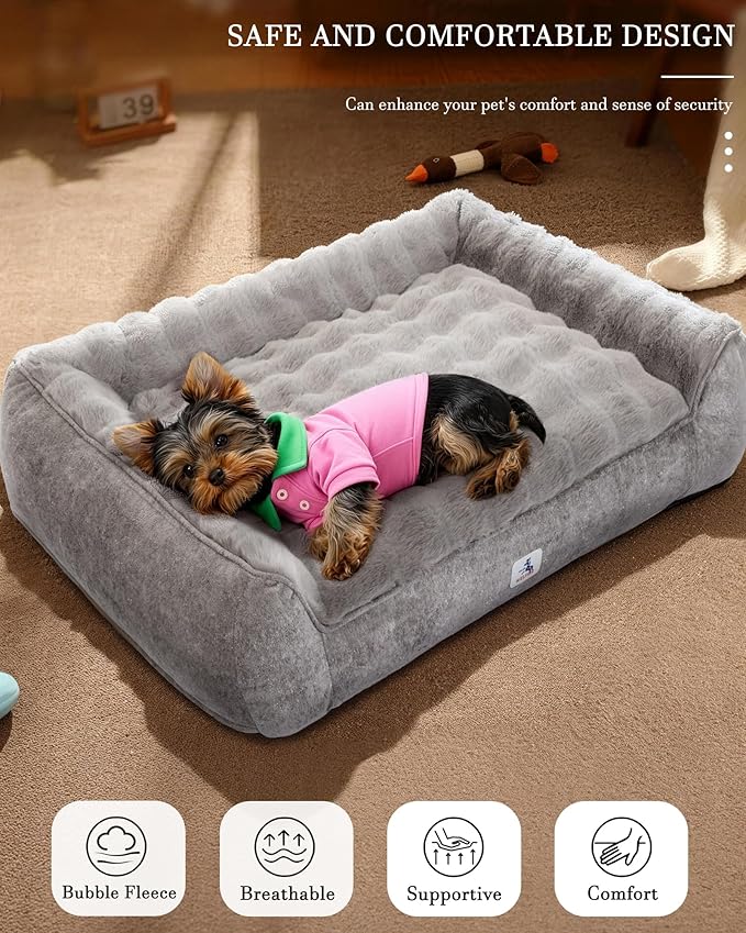 Orthopedic Dog Bed Medium Size Dog, Extra Thick Supportive Dog Couch Bed, Dog Beds with Removable Washable Cover, Ultra Soft Faux Rabbit Fur Puppy Bed & Non-Slip Bottom (Gray, 35"x25")