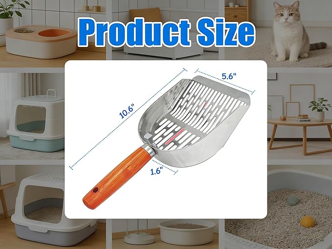 Cat Litter Scoop Metal 304 Stainless Steel, One-Piece Pressed Design with No Weld Spots, Durable Anti-Break Handle, Dual Slot Sizes, with Holder Stand, Easy to Clean, Filters Small Litter Clumps
