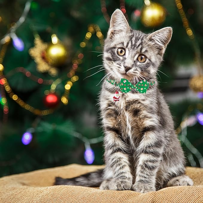 PUPTECK Cat Collar Breakaway with Bells, Kitten Collar Outfit Adjustable for Girl Boy Small Pet Puppy Bunny, Cute Costume Accessory with Safety Release Buckle (Bowtie-Christmas)