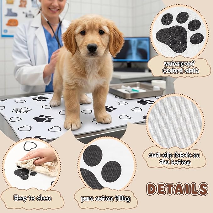AceOrbit 2 Pack 24x36 Inch Non-Slip Dog Grooming Mat for Table Dog Vet Mat Black and White Pet Paw Print Grooming Pad for Cat Pet Checkups Rehabilitation Bath, Waterproof and Easy to Clean