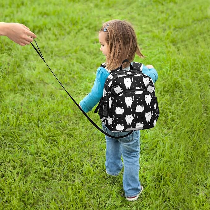 Cats Black and White Toddler Backpack with Leash, Cute Preschool Backpack Baby Harness Bookbag
