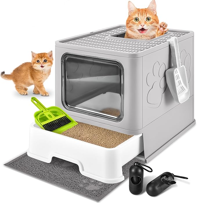 Covered Cat Litter Box with Litter Mat, Foldable Extra Large Dual Entry Adjustable Door, Drawer Design Enclosed Kitty Litter Box, Odor Control Anti-Splashing Easy Cleaning (Light Grey)