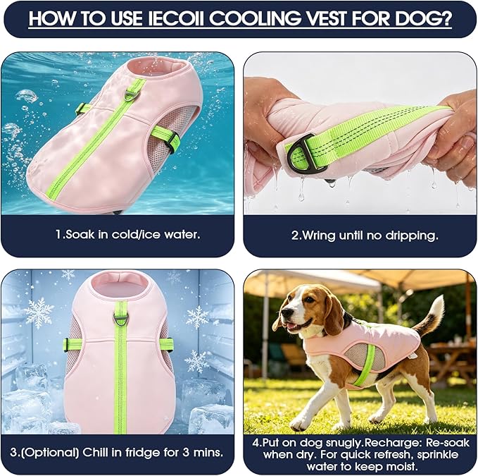 IECOii Summer Cooling Vest for Large Dogs, Breathable Cooler Shirt for Hot Weather with Leash Ring, Reflective Adjustable Dog Cooling Harness for Walking, Hiking, Beach, Pink, Size 2XL