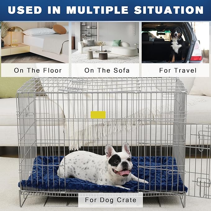 Washable Dog Bed Reversible Dog Beds for Crate Soft Fluffy Kennel Pad Anti-Slip Pet Sleeping Mat for Large Jumbo Medium Small Dogs (Blue, 42.00" x 28.00" x 1.50")