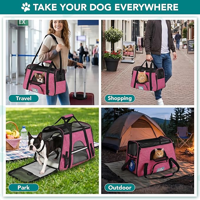 PetAmi Airline Approved Pet Carrier for Cats & Small Dogs, Soft Sided TSA Travel Carrier Bag Sherpa Bed, Breathable Mesh Ventilation, Collapsible Bowl, Fit Under Seat, Up to 18 lbs, Large Heather Pink