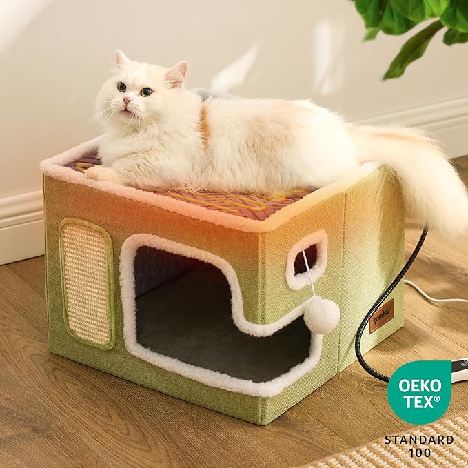 ZOMISIA Heated Cat House for Indoor Cats - Cat Warming Bed for Winter with Fluffy Ball Hanging and Adjustable Heating Pad, Foldable Cat Hideaway,16.5x16.5x13 inches, Navy Blue