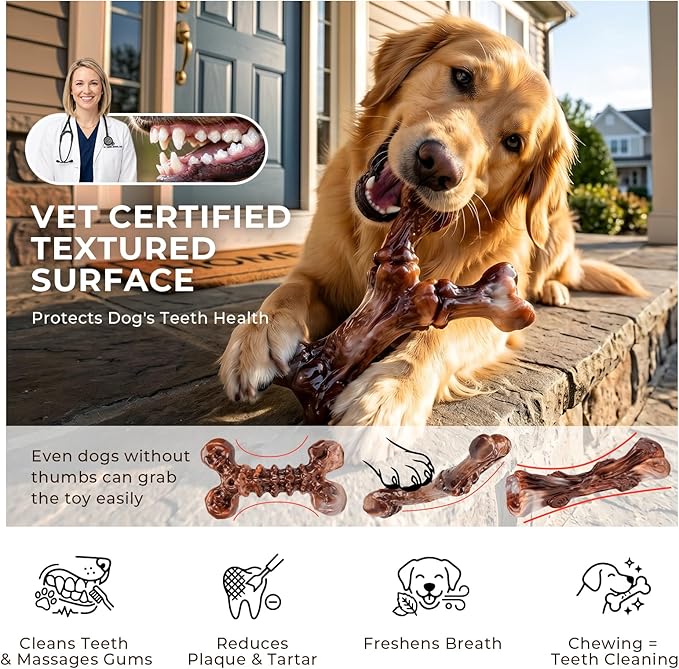 Kseroo 3-Pack Indestructible Dog Chew Toys for Aggressive Chewers: Bacon Flavored Rock-Hard Solid Nylon, Tough Dog Bones for Medium/Large Dogs 25-90lbs, Heavy Duty Dog Toys to Keep Them Busy, Brown-XL
