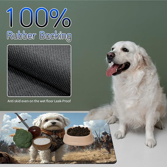 Dog Food Mat, 15.7" x 23.6" Absorbent Pet Feeding Mat for Food and Water, Waterproof Diatom Mud Pet Placemat with Non-Slip Rubber Backing, Easy Clean Cat Bowl Mat for Floors - Puppy Warrior