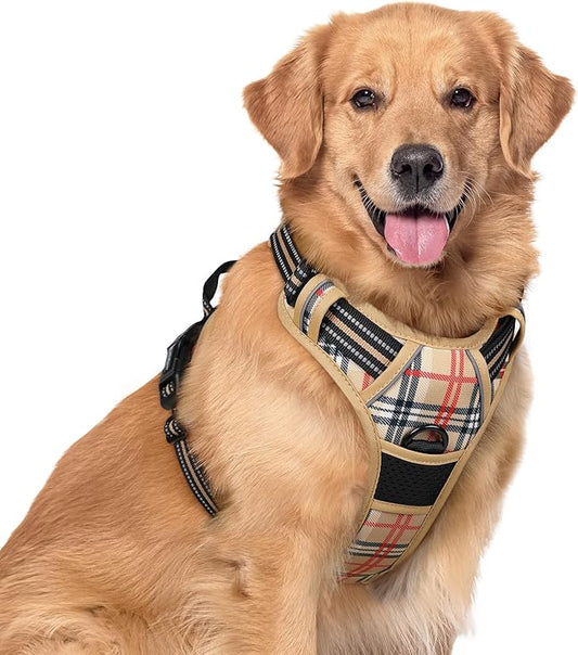 rabbitgoo Dog Harness No Pull with 2 Leash Clips, Adjustable Soft Padded, Reflective Oxford No Choke Pet Vest with Easy Control Handle for Large Dogs, Beige Plaid, XL