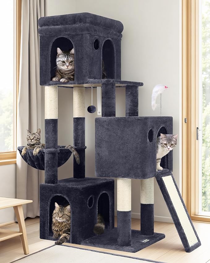 Globlazer 52in Cat Tower for Multiple Indoor Cats, Heavy Duty Multi-Level Cat Tree with 3 Cozy Condos, 4 Natural Sisal Scratching Posts and Cozy Basket Bowl, F52B, Dark Grey